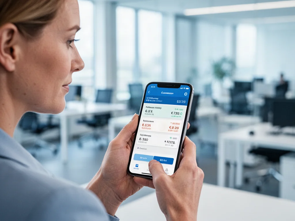 Kobieta trzymająca smartfon z aplikacją do przeliczania walut w nowoczesnym biurze.