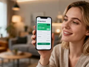 Kobieta trzymająca smartfon z aplikacją do przeliczania walut w nowoczesnym biurze.