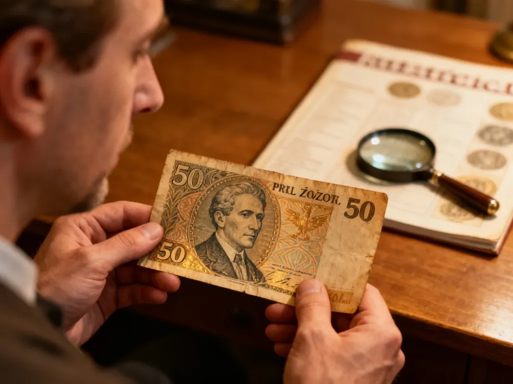 Mężczyzna ogląda zabytkowy banknot 50 zł z czasów PRL przy użyciu lupy i katalogu numizmatycznego.