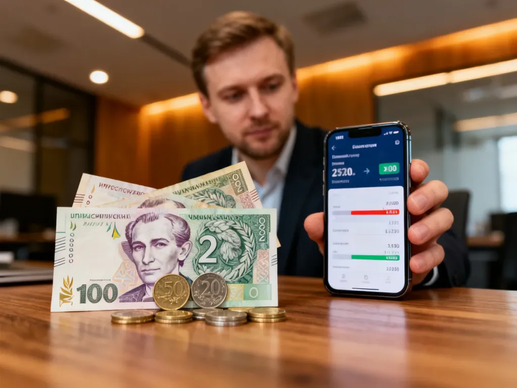 Mężczyzna trzyma smartfon z aplikacją do wymiany walut, obok na stole leżą banknoty hrywien i monety złotych.