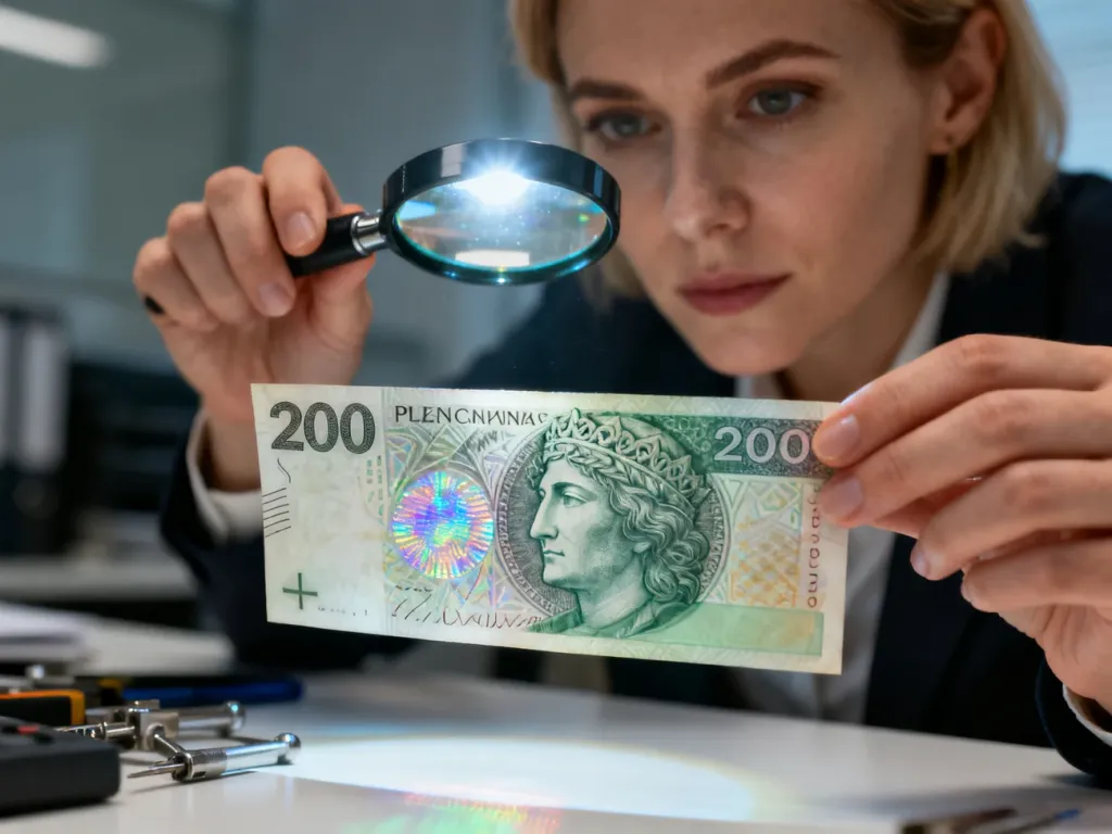 Kobieta sprawdza autentyczność banknotu 200 zł przy użyciu lupy, skupiając się na zabezpieczeniach holograficznych.