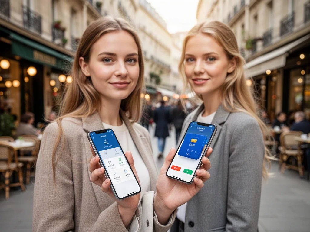 Młoda kobieta płaci smartfonem na tle nowoczesnej europejskiej ulicy, ilustrując wygodę płatności mobilnych Blik.