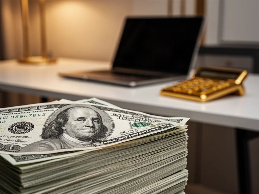Stos banknotów dolarowych na biurku z laptopem i kalkulatorem, symbolizujący finanse i przelicznik walut.
