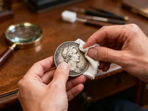 Dłonie trzymające kolekcję błyszczących monet euro w domowym biurze, ilustrujące pojęcie bilonu.