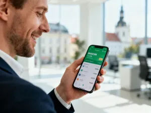 Kobieta z uśmiechem sprawdza telefon obok paczki przygotowanej do wysyłki przez Vinted.