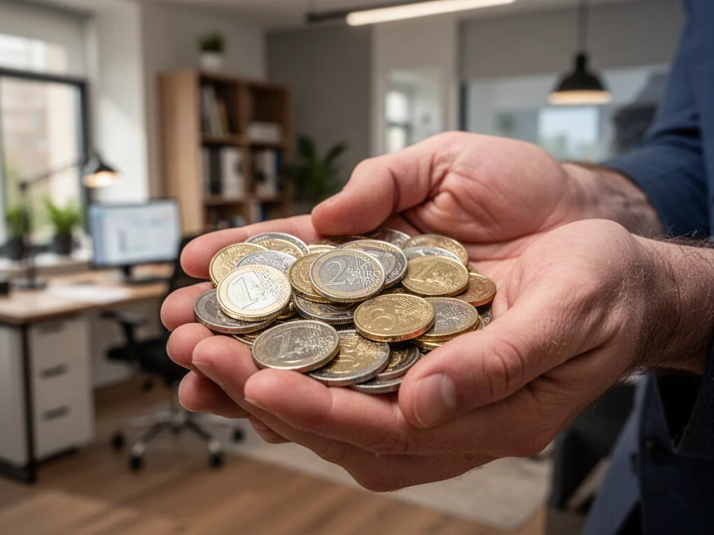 Dłonie trzymające kolekcję błyszczących monet euro w domowym biurze, ilustrujące pojęcie bilonu.