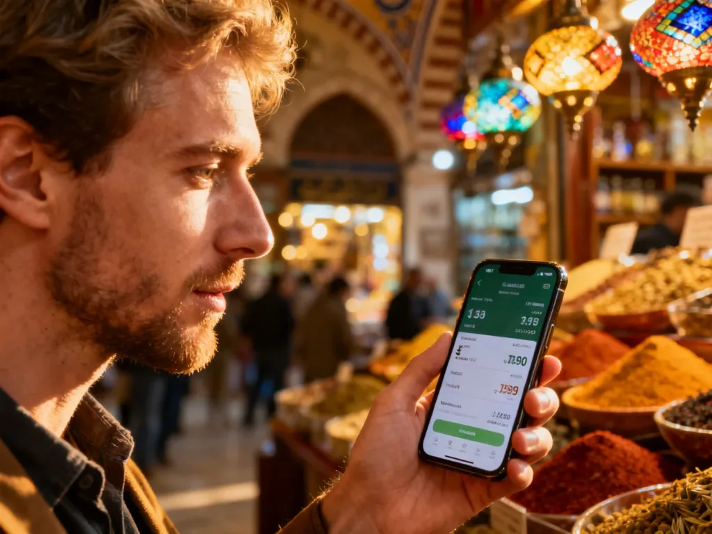 Mężczyzna trzymający smartfon z aplikacją do przeliczania walut na tle klimatycznego tureckiego bazaru.