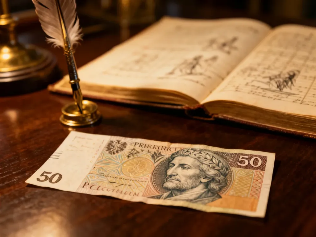 Banknot 50 zł z wizerunkiem Kazimierza Wielkiego leżący na drewnianym biurku obok pióra i historycznej księgi.