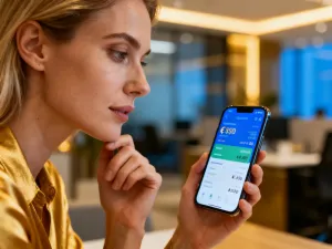 Dłoń trzymająca smartfon z otwartą aplikacją bankową, na której widoczny jest przycisk anulowania przelewu.