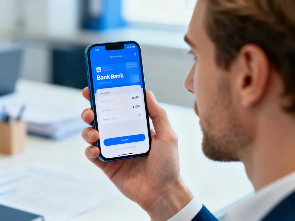 Mężczyzna trzymający smartfon z widocznym interfejsem aplikacji bankowej w jasnym, nowoczesnym biurze.