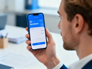 Mężczyzna sprawdzający stan konta na smartfonie przy biurku w nowoczesnym biurze.