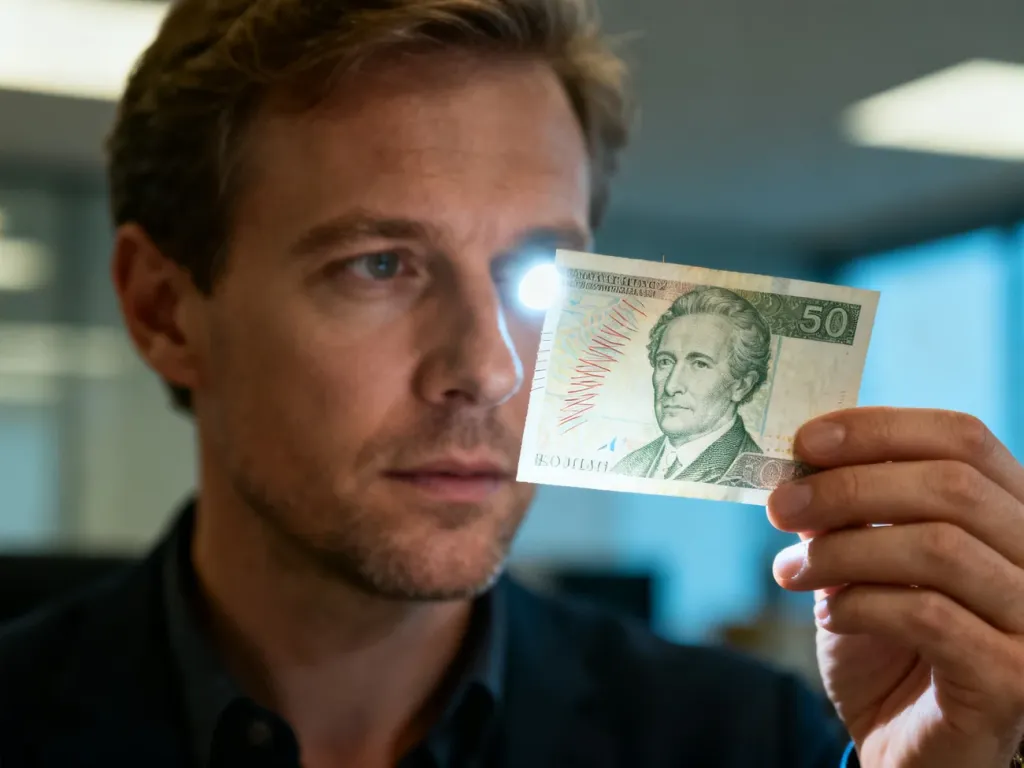 Mężczyzna sprawdza autentyczność banknotu 100 zł, podświetlając go w celu weryfikacji znaków wodnych.