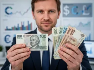 Mężczyzna sprawdza autentyczność banknotu 100 zł, podświetlając go w celu weryfikacji znaków wodnych.