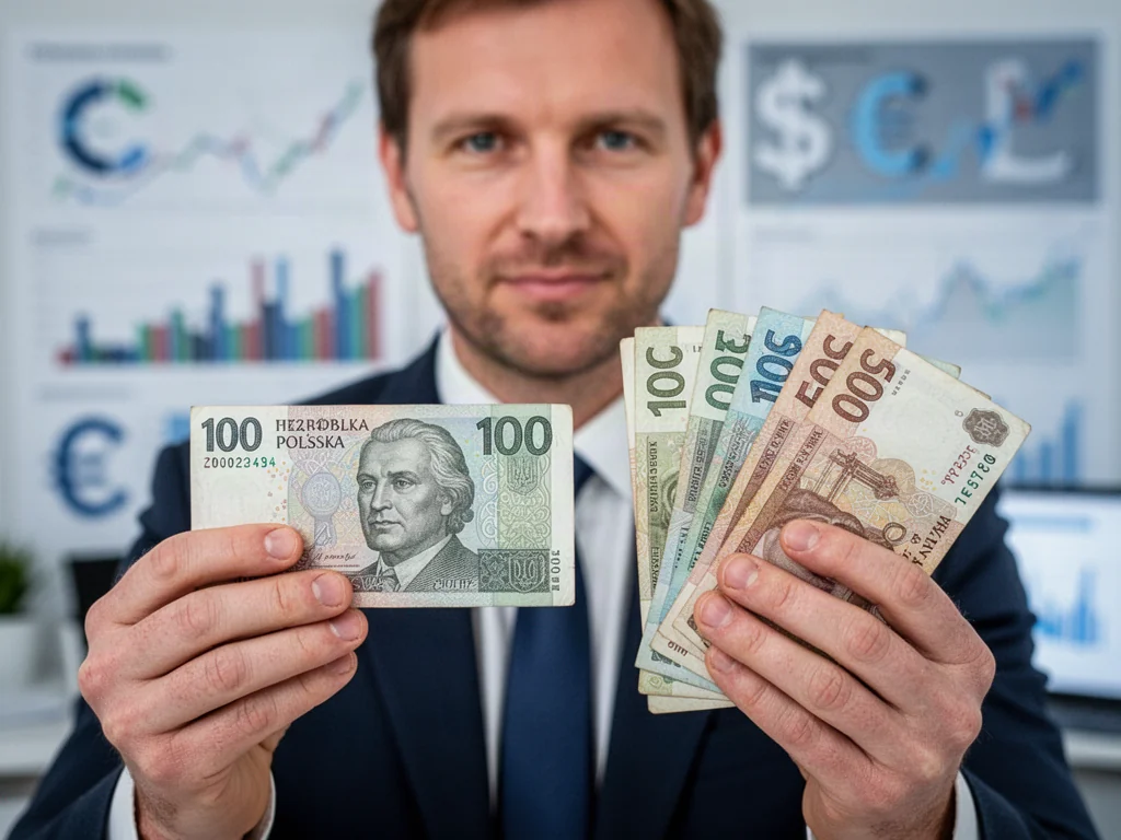 Mężczyzna trzymający w dłoniach polski banknot 100 zł oraz ukraińskie hrywny na tle wykresów finansowych.
