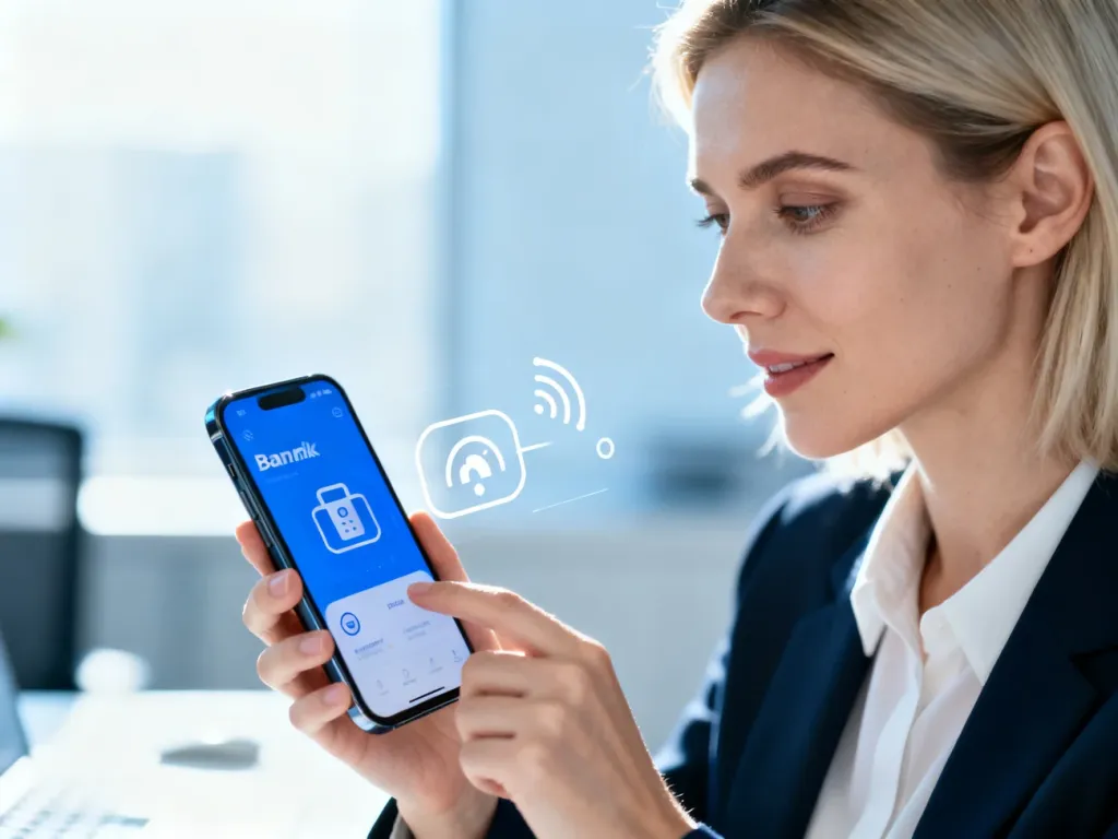 Kobieta w nowoczesnym biurze sprawdza powiadomienie o przelewie w aplikacji bankowej na smartfonie.