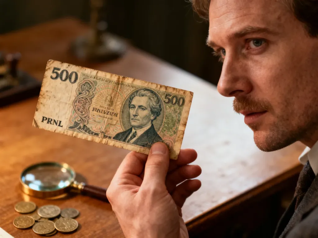 Mężczyzna trzymający w dłoniach stary banknot 500 zł z czasów PRL, obok którego leży lupa i monety.