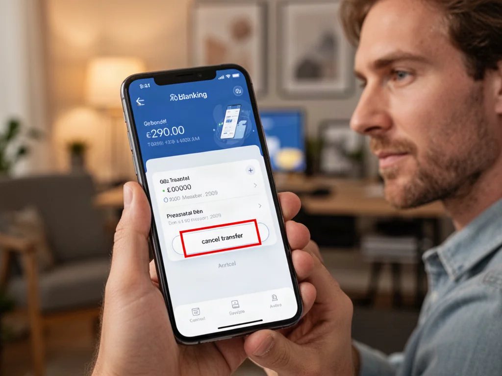 Dłoń trzymająca smartfon z otwartą aplikacją bankową, na której widoczny jest przycisk anulowania przelewu.